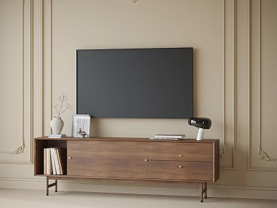 Black Flat Screen TV Mounted on Beige Wall with Wooden Stand and Decorative Items 3d model