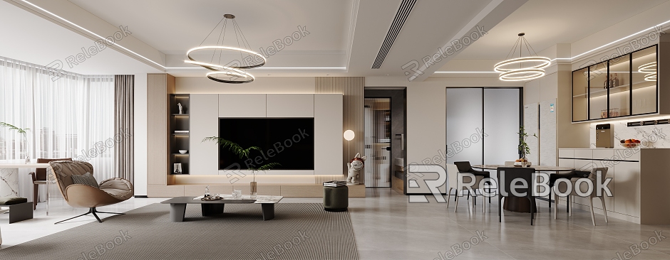 Modern Guest Restaurant TV Background Decorative Cabinet Sofa Background Home Decoration Space Guest Restaurant Panoramic Chandelier model