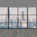 Interior View Of Floor To Ceiling Windows With City Skyline And Patterned Carpet Floor