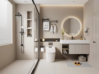 Modern Bathroom Interior With Glass Shower Enclosure Round Mirror Vanity And Storage Shelves 3d model