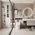 Modern Bathroom Interior With Glass Shower Enclosure Round Mirror Vanity And Storage Shelves