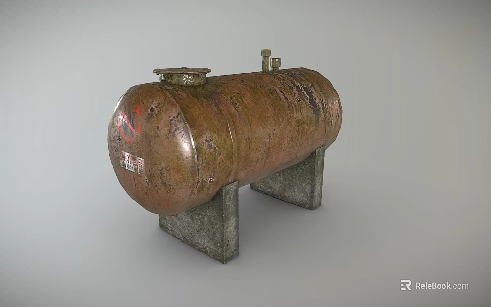 Rusty Industrial Metal Storage Tank with Support Stand and Surface Markings 3d model 
