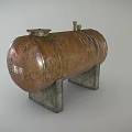 Rusty Industrial Metal Storage Tank with Support Stand and Surface Markings