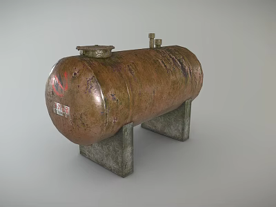 Rusty Industrial Metal Storage Tank with Support Stand and Surface Markings 3d model