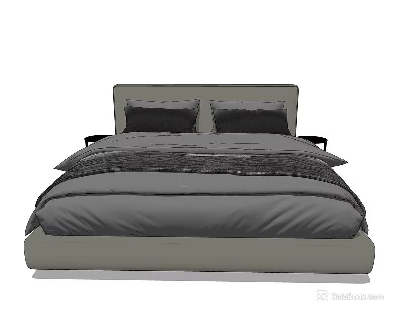 Modern Gray Double Bed With Upholstered Headboard And Soft Bedding 3d model