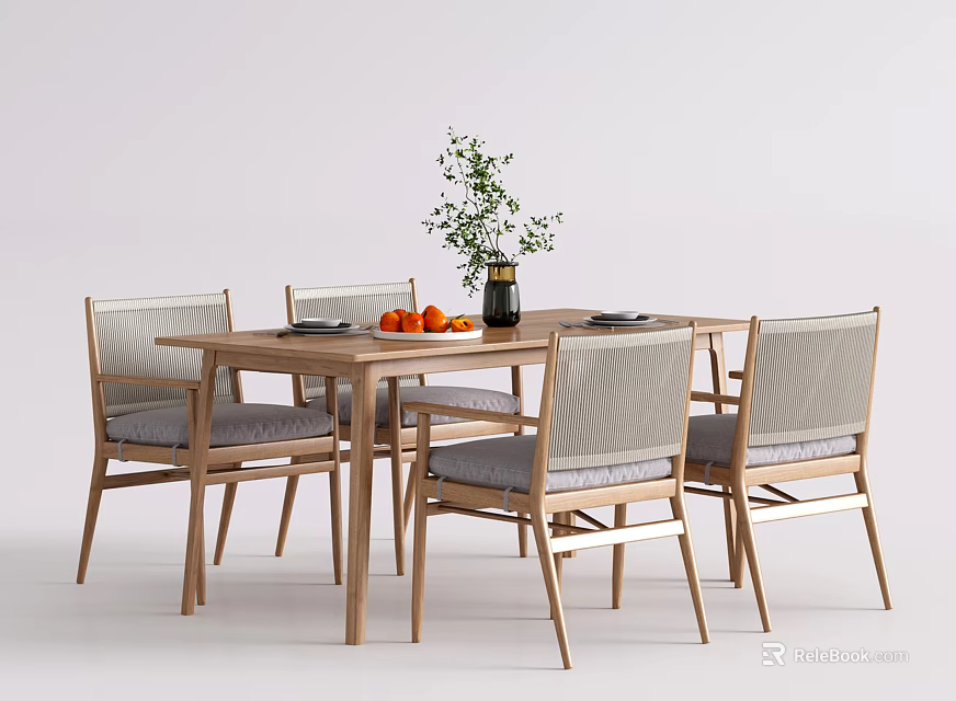 Wooden Dining Table With Four Chairs Plant In Vase And Oranges On Tabletop 3d model 