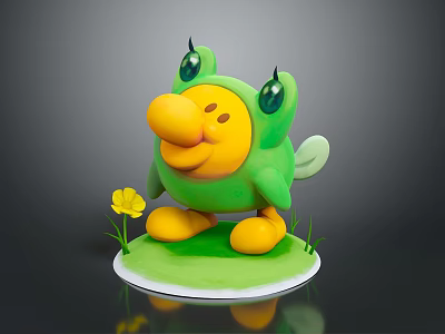 Cartoon Frog Character With Green Yellow Belly Big Eyes Wings On Base With Yellow Flower 3d model