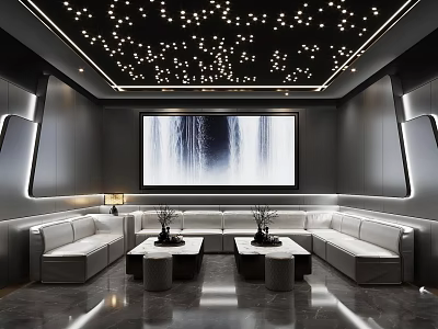 Luxurious Modern KTV Interior With Large Waterfall Screen Sofa Seating And Ceiling Lights 3d model