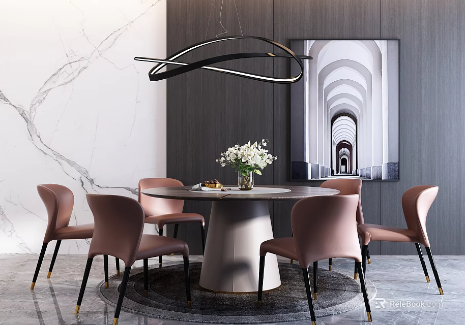 Modern Round Dining Table Set With Pink Chairs White Flowers And Black Chandelier 3d model 