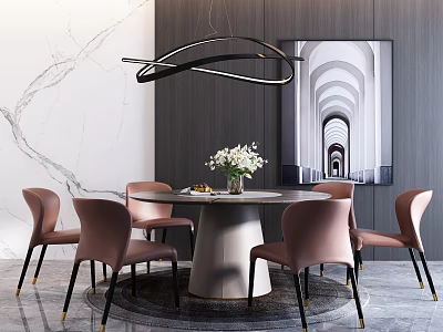Modern Round Dining Table Set With Pink Chairs White Flowers And Black Chandelier 3d model
