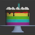 Colorful Rainbow Cake With Chocolate Drizzle White Cream Decorations And Blue Candles On White Plate