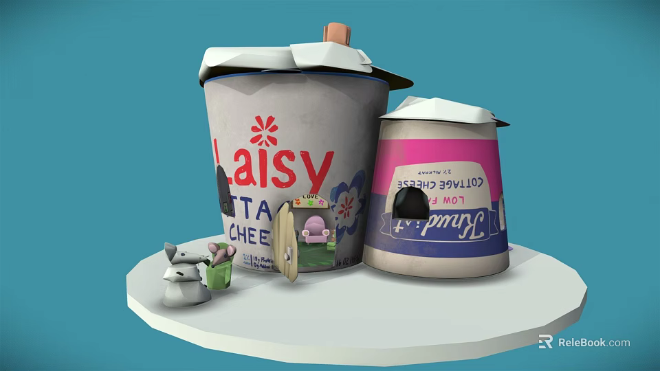 Cartoon Scene Featuring Laisy Atta Cheese Cup Pink Friend Pencil Case And Adorable Small Toy 3d model 