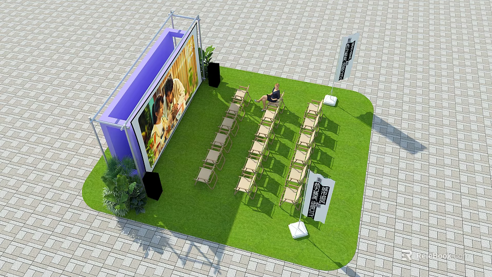 Outdoor Tobacco And Alcohol Store Booth With Large Advertisement Green Plants And Arranged Chairs 3d model 