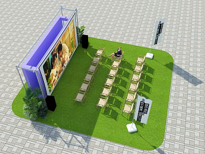 Outdoor Tobacco And Alcohol Store Booth With Large Advertisement Green Plants And Arranged Chairs 3d model