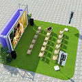 Outdoor Tobacco And Alcohol Store Booth With Large Advertisement Green Plants And Arranged Chairs