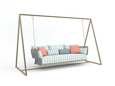 Outdoor Playground Hanging Swing Sofa With Metal Frame Blue White Checkered Fabric And Colorful Cushions 3d model