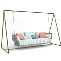Outdoor Playground Hanging Swing Sofa With Metal Frame Blue White Checkered Fabric And Colorful Cushions
