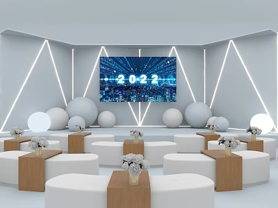 Modern Event Space With Geometric Lighting 2022 Display Circular Sofas And Wooden Tables 3d model