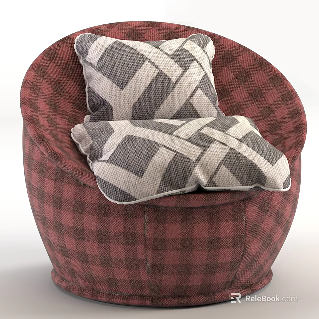 Red Plaid Single Sofa With Gray And White Geometric Pattern Cushions 3d model 