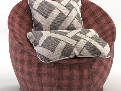 Red Plaid Single Sofa With Gray And White Geometric Pattern Cushions 3d model