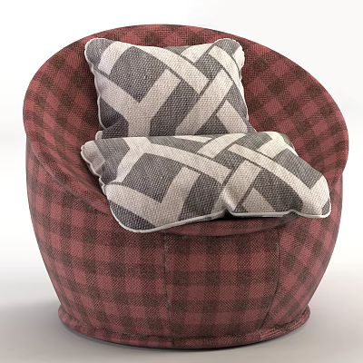 Red Plaid Single Sofa With Gray And White Geometric Pattern Cushions 3d model