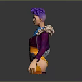 Game Movie Character With Purple Hair Blue Scarf Metallic Arm Orange Shorts Kneeling Pose