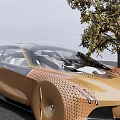 BMW Golden Concept Car With Sleek Mesh Design Transparent Roof And Tree Nearby