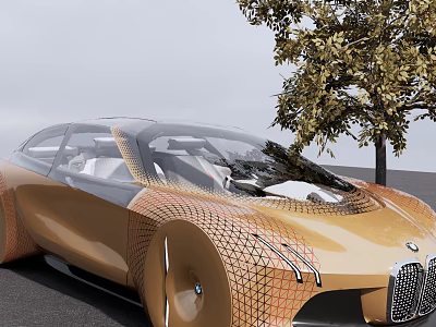 BMW Golden Concept Car With Sleek Mesh Design Transparent Roof And Tree Nearby 3d model