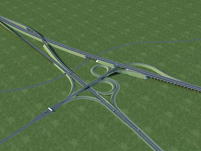 Elevated Interchange Bridge Structure With Multiple Road Crossings And Green Grassland 3d model