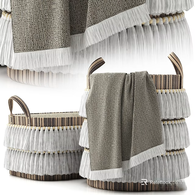 Stylish Woven Wall Decor With Gray White Towels And Fringed Wicker Baskets 3d model 