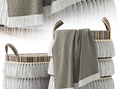 Stylish Woven Wall Decor With Gray White Towels And Fringed Wicker Baskets 3d model