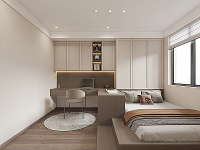 Modern Minimalist Tatami Bedroom Interior With Built in Storage Study Desk And Wooden Flooring 3d model