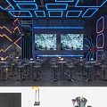 Modern Bar Interior With Blue Lighting Large Background Screens Bar Area And High Stools