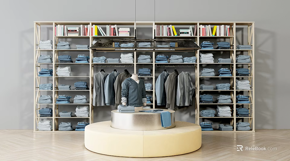 Display Shelves With Books Folded Clothes Hanging Garments And Round Display Platform 3d model 