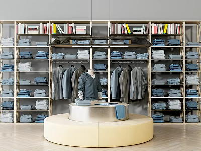 Display Shelves With Books Folded Clothes Hanging Garments And Round Display Platform 3d model