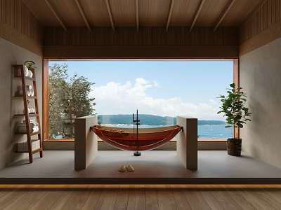 Modern Bathroom Interior With Wooden Ceiling Large Window Lake View Hammock And Green Plant 3d model