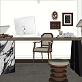 Stylish Home Office Interior With Marble Column Desk Apple Laptop Wooden Chair And Potted Plant