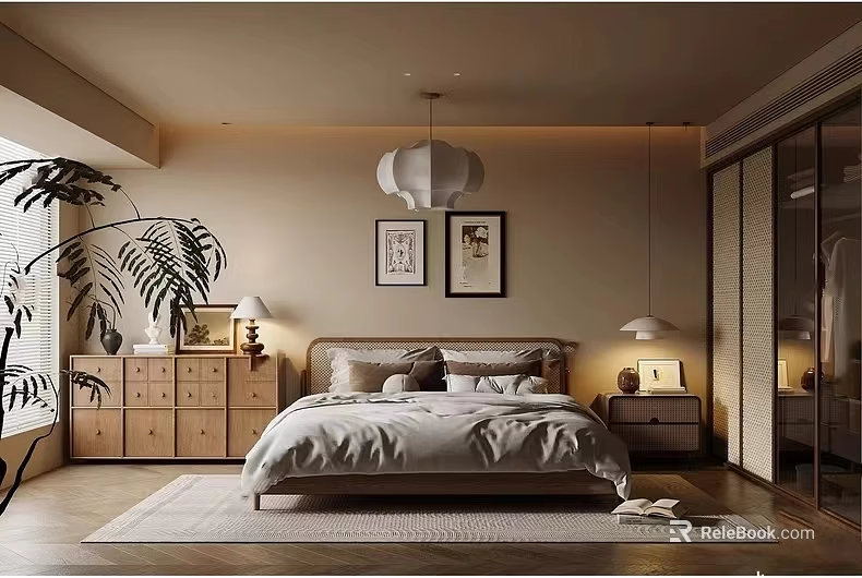 Warm Modern Bedroom Interior With Upholstered Bed Wooden Nightstands Framed Art And Pendant Light 3d model 