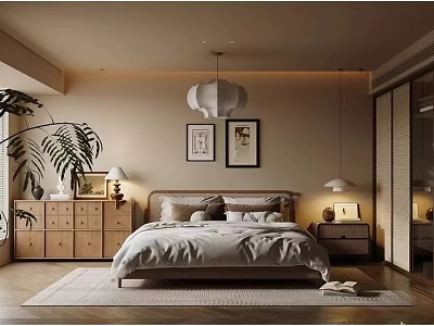 Warm Modern Bedroom Interior With Upholstered Bed Wooden Nightstands Framed Art And Pendant Light 3d model