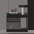 Modern Dark Wood Bedside Table With Architecture Books Table Lamp And Patterned Storage Box 3d model