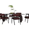 Modern Round Black Dining Table Set With Red Chairs And Metal Frame 3d model