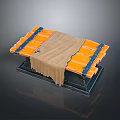 Modern Dining Table With Orange And Blue Frame And Brown Cloth Covering Wooden Surface
