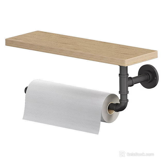 Wall Mounted Toilet Paper Holder With Wooden Shelf And Black Metal Bracket 3d model 