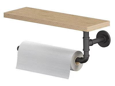 Wall Mounted Toilet Paper Holder With Wooden Shelf And Black Metal Bracket 3d model