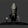 Vintage Metal Rocket Model With Ladder Miniature Figure On Circular Moon Surface Platform