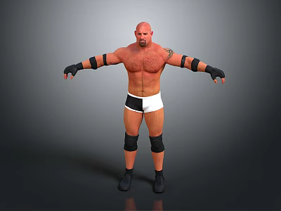 Bald Muscular Man In White Shorts Black Wristbands Knee Pads Boots Standing With Arms Outstretched 3d model
