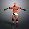 Bald Muscular Man In White Shorts Black Wristbands Knee Pads Boots Standing With Arms Outstretched