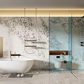 Elegant Modern Bathroom Interior With White Bathtub Glass Shower Marble Walls Hanging Shelf Light Floor