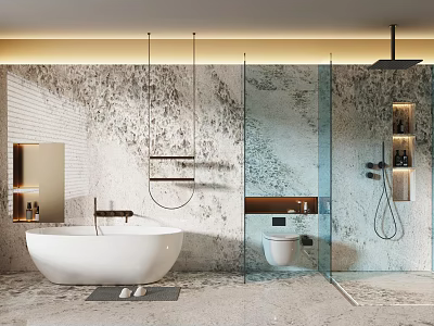 Elegant Modern Bathroom Interior With White Bathtub Glass Shower Marble Walls Hanging Shelf Light Floor 3d model