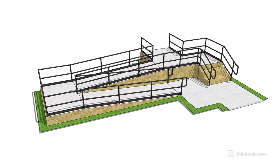 Black Metal Fence Design With Steps Ramp And Concrete Paving Surrounded By Green Grass 3d model 